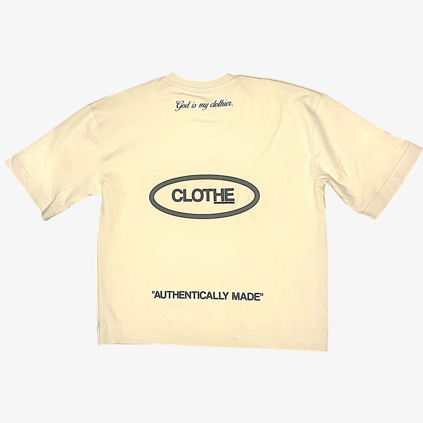 The "God is my clothier." Cream Large Print T-shirt