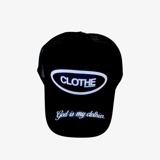 "God is my clothier." Black/ White Reflective Trucker Hat
