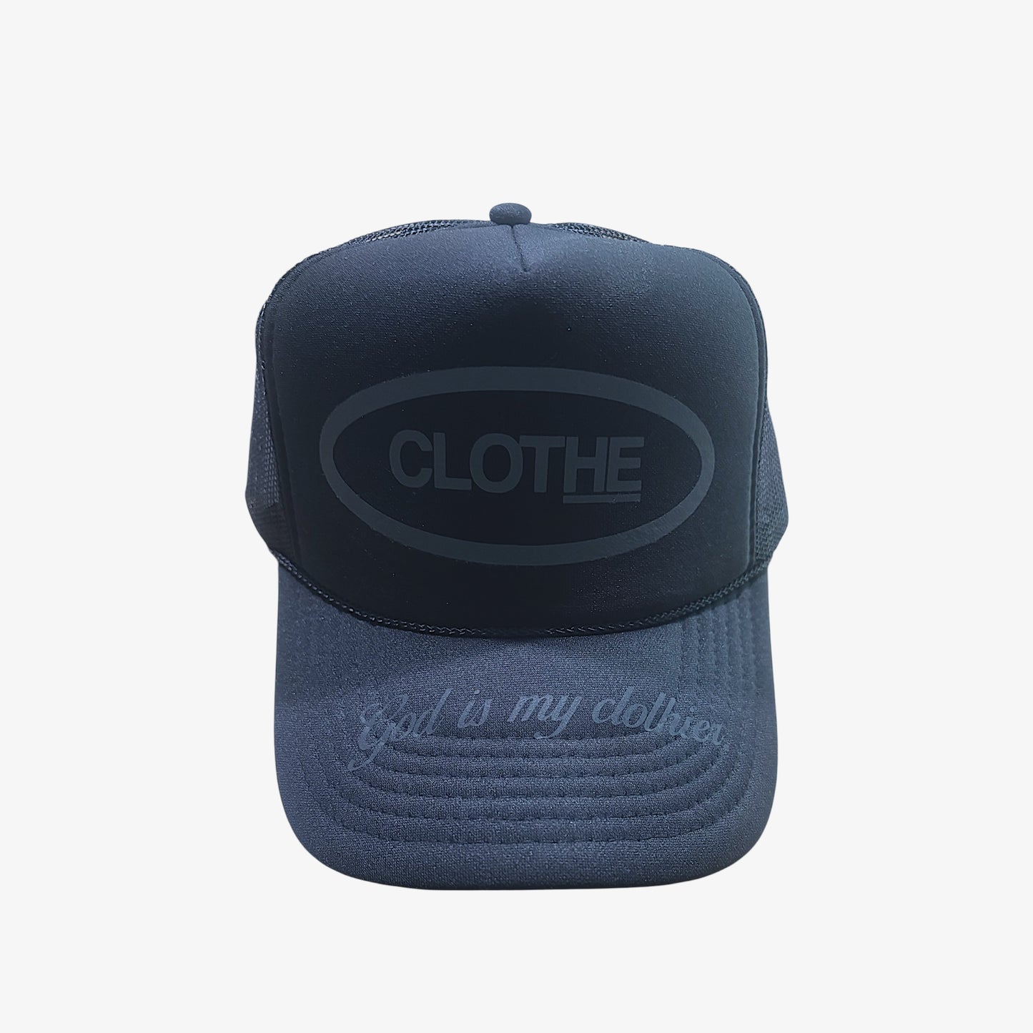 "God is my clothier." All Black Reflective Trucker Hat